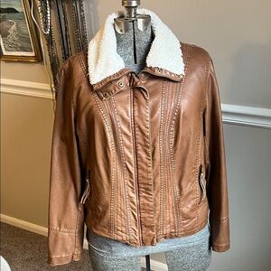 Women's Brown Faux Leather Jacket with Shearling Collar | Size Large